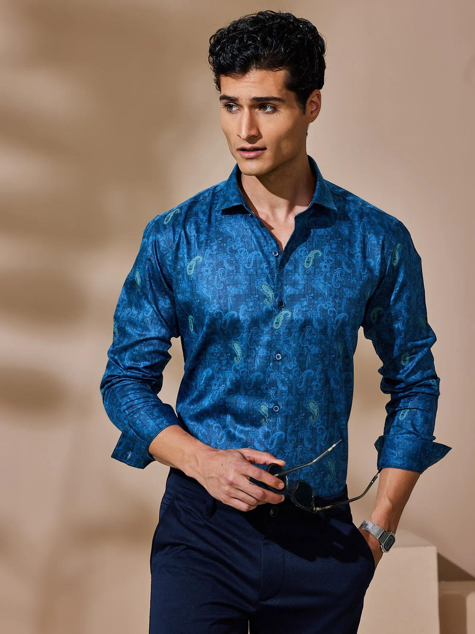 Blue Printed Party Wear Shirt