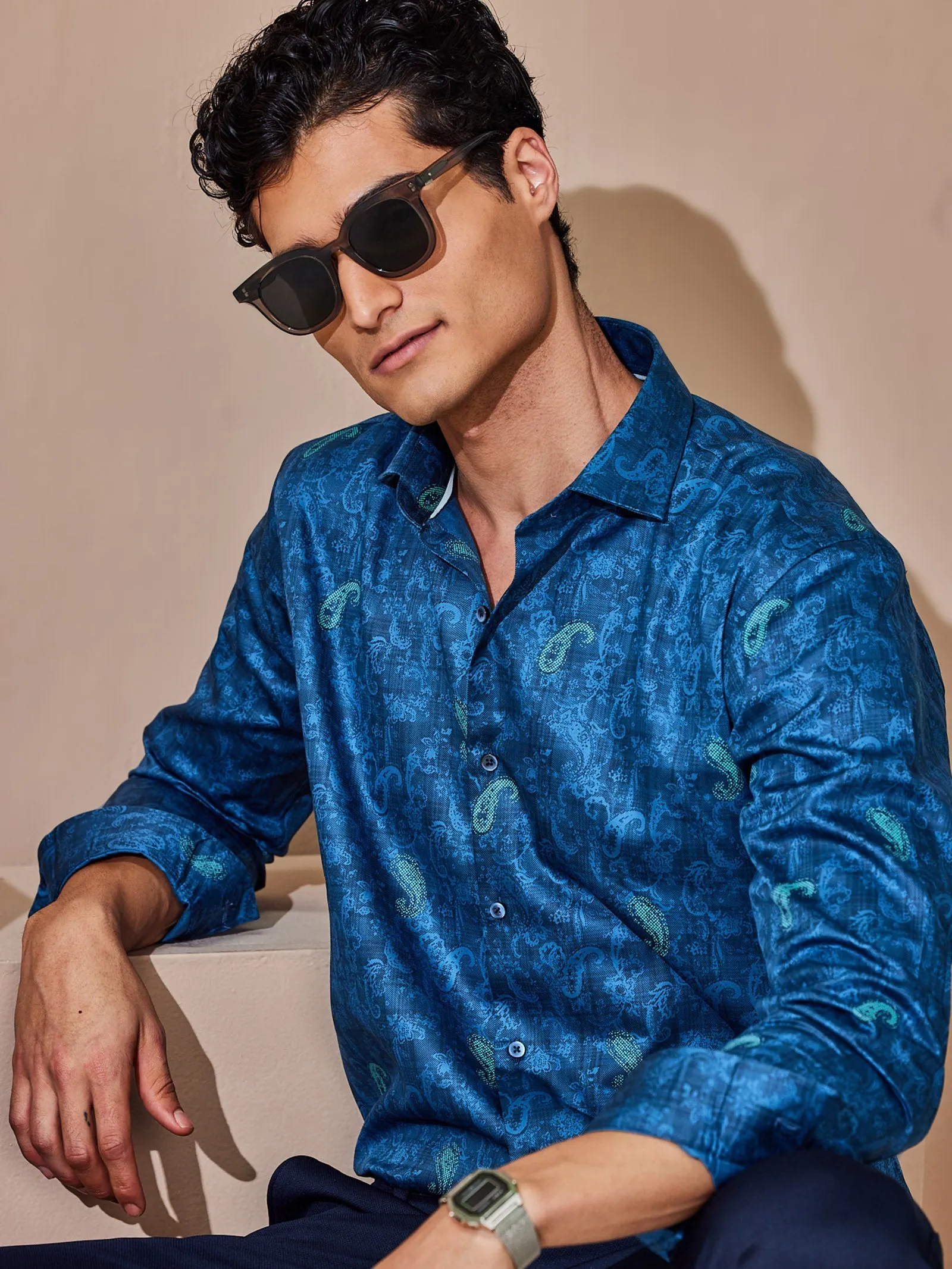 Blue Printed Party Wear Shirt