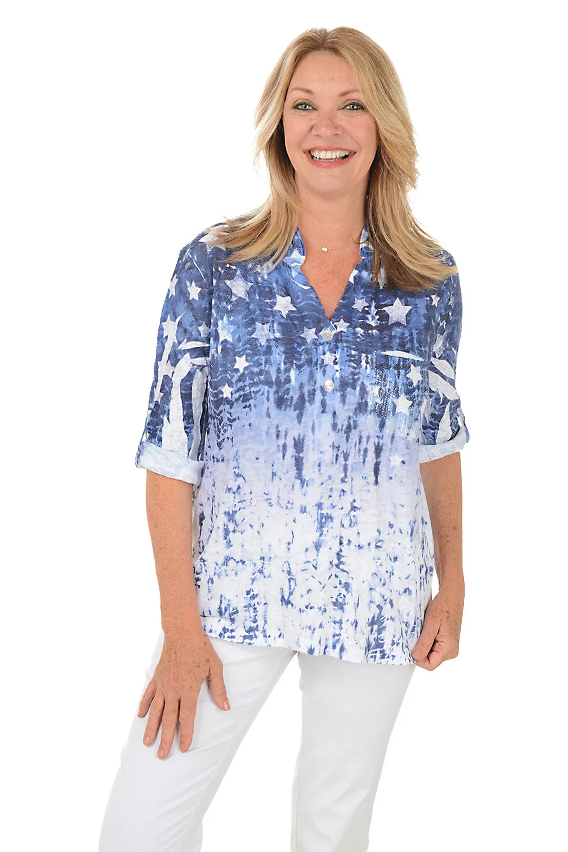 Blue Stars Roll Sleeve Top