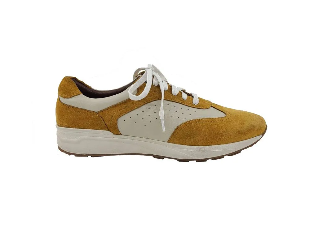 Calfskin & Suede Lace-Up Sneaker Gold/Bone