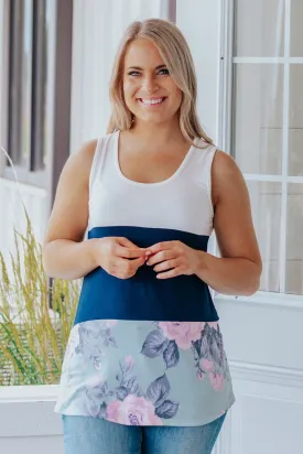 Changing Minds Color Block Tank Top in Navy Floral