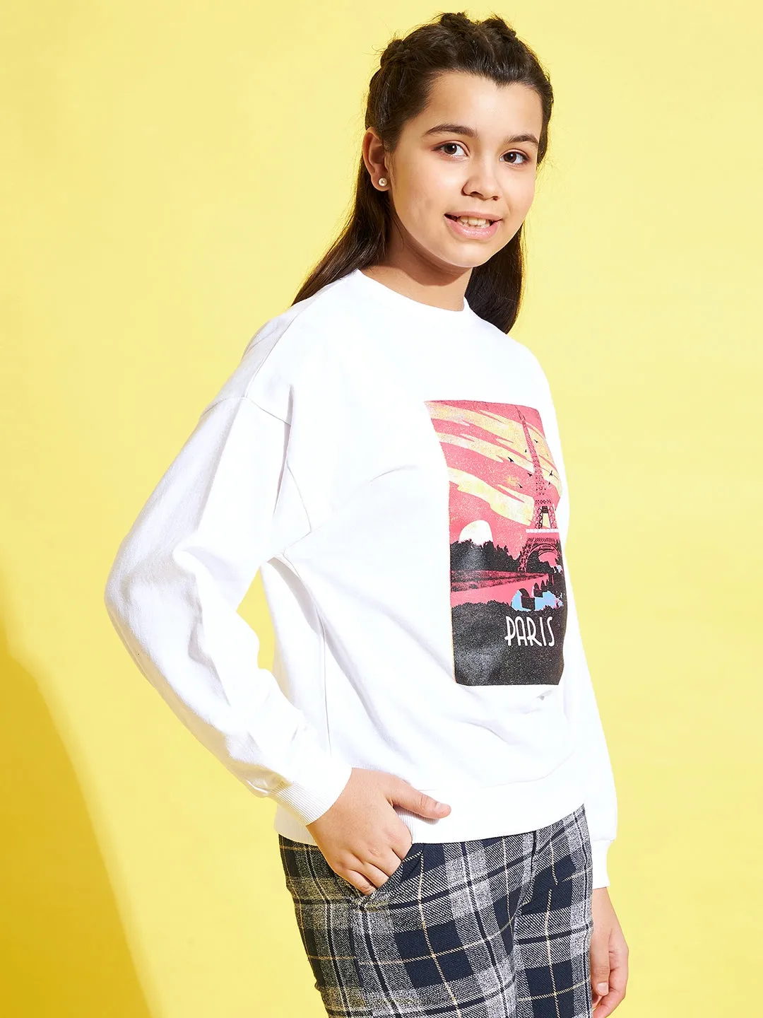 Girls White Terry PARIS Drop Shoulder Sweatshirt