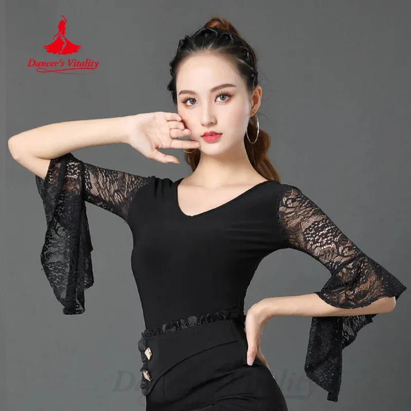 Latin Dance Clothing Women's Customized Black Sexy Lace Flare Sleeves Top Tango Rumba Chacha Professional Practice Clothing