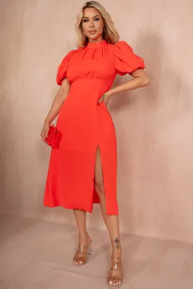 Lilith Orange Puff Sleeve Midi Dress