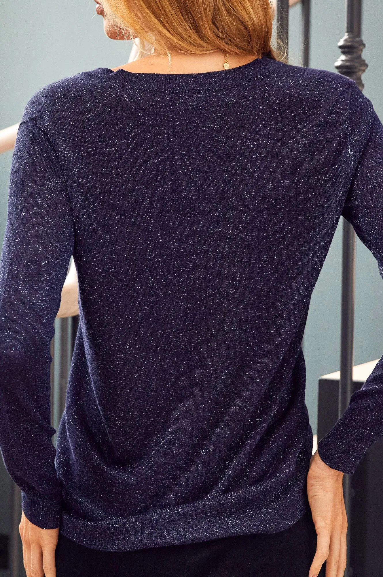 Metallic Knit V-Neck Jumper | Navy/Blue