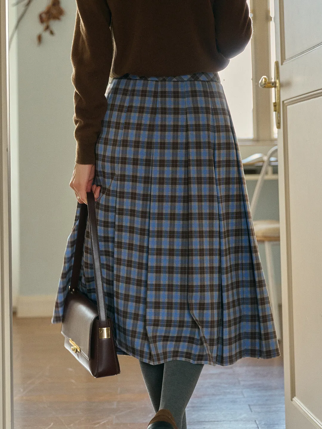 Naya Classic Artistic A-Line Blue Plaid Skirt