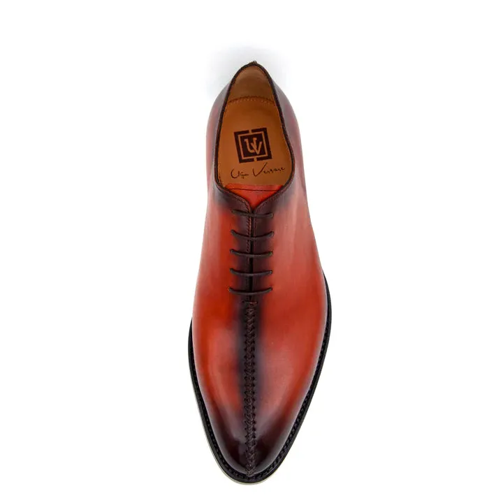 "Derrick" Burnished Calfskin Lace-Up Oxford Camel