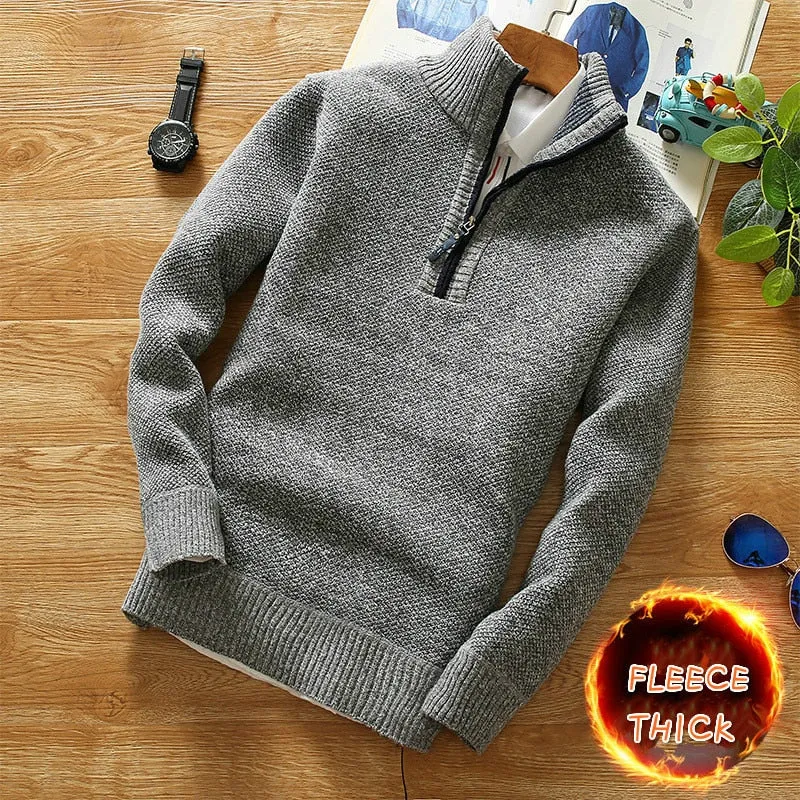 Winter Thicker Fleece Men's Sweater with Half-Zipper